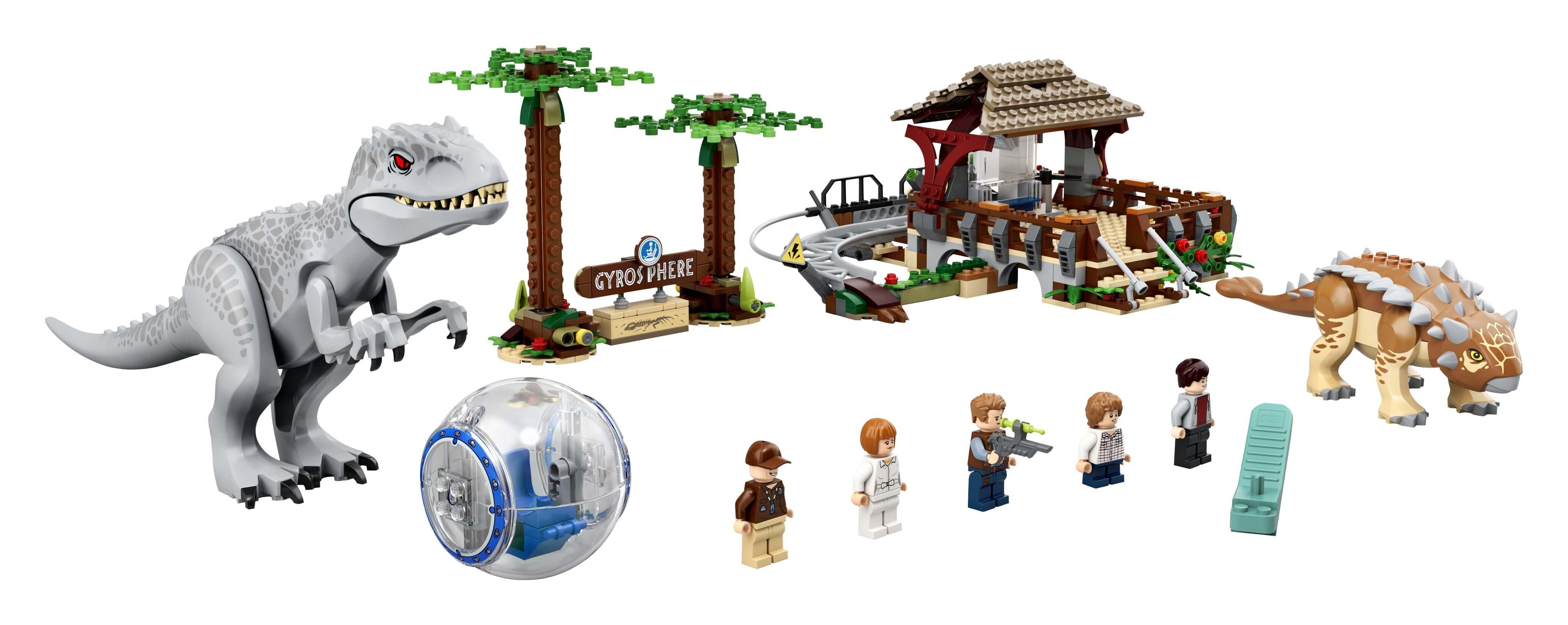 LEGO® Jurassic World Indominus Rex toy set with dinosaur figures, gyrosphere, trees, and building for epic battles.