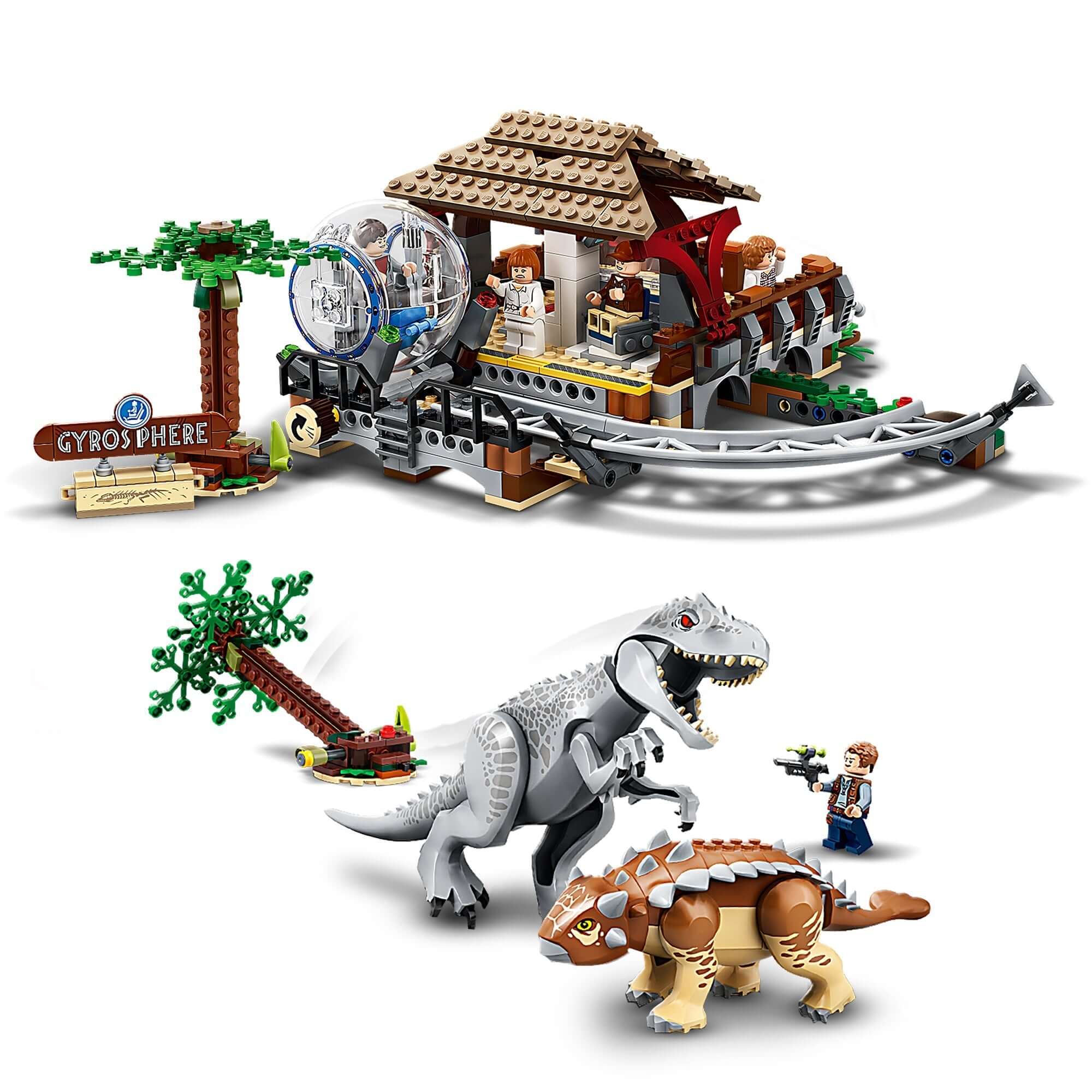 LEGO® Jurassic World Indominus Rex vs. Ankylosaurus playset featuring gyrosphere and engaging dinosaur battles.