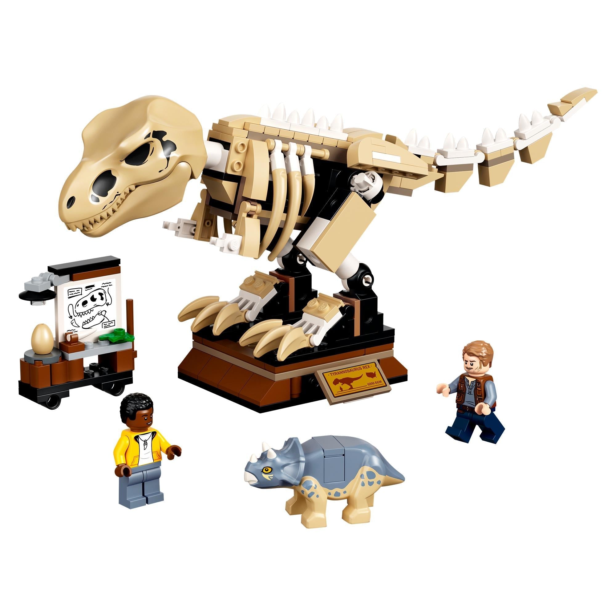 LEGO® Jurassic World T. rex Dinosaur Fossil Set 76940 with buildable T. rex skeleton and Baby Triceratops figure.