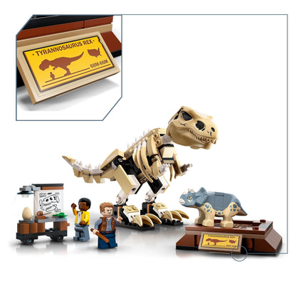 LEGO® Jurassic World T. rex skeleton fossil set with Baby Triceratops and figures, educational dinosaur toy for kids.