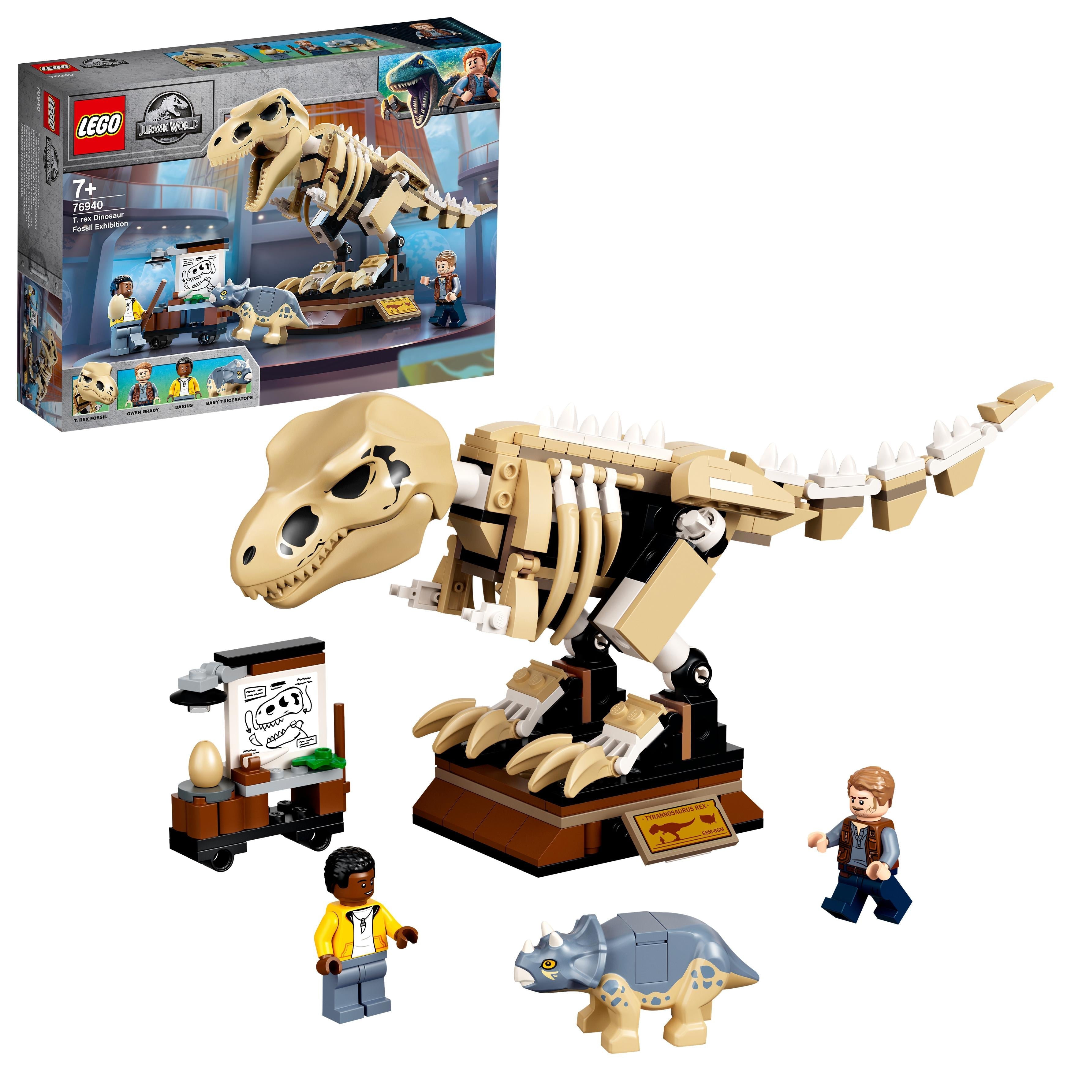 LEGO Jurassic World T. rex dinosaur fossil set with buildable skeleton, Baby Triceratops, and minifigures.