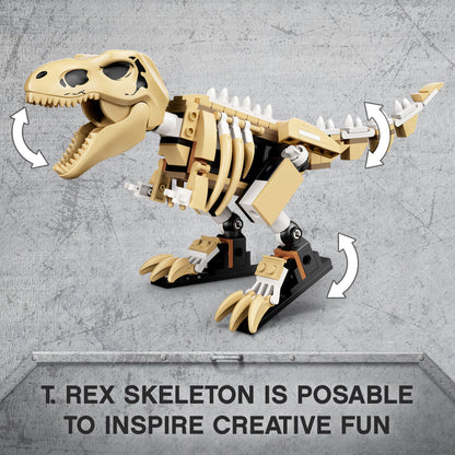 LEGO® Jurassic World T. rex Dinosaur Fossil set showing a posable T. rex skeleton to inspire creative fun.
