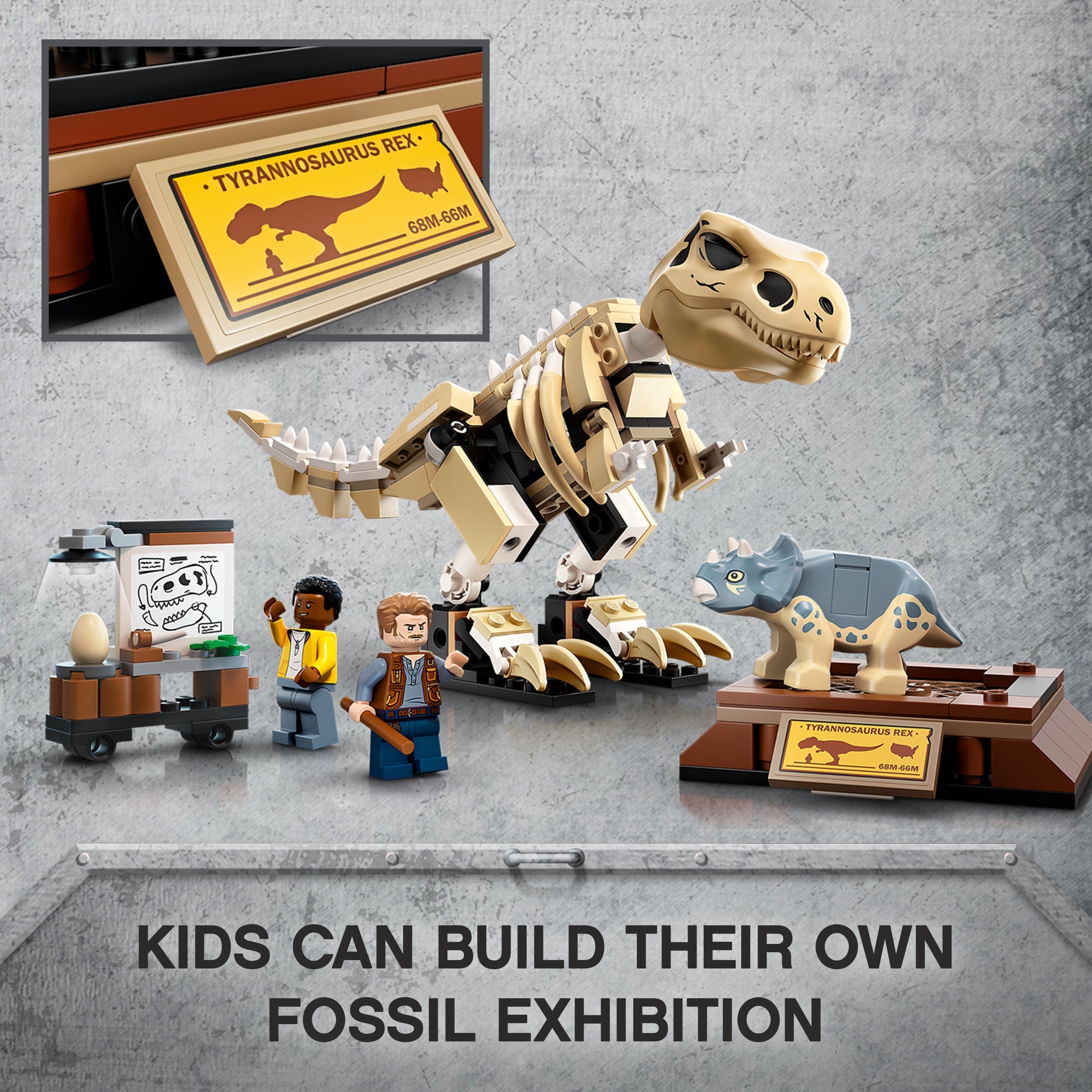 Kids can create their own fossil exhibition with the LEGO® Jurassic World T. rex Dinosaur Fossil Set 76940, featuring fun figures.