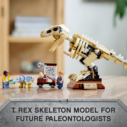 LEGO Jurassic World T. rex skeleton model with children figures and toy Triceratops, perfect for aspiring paleontologists.
