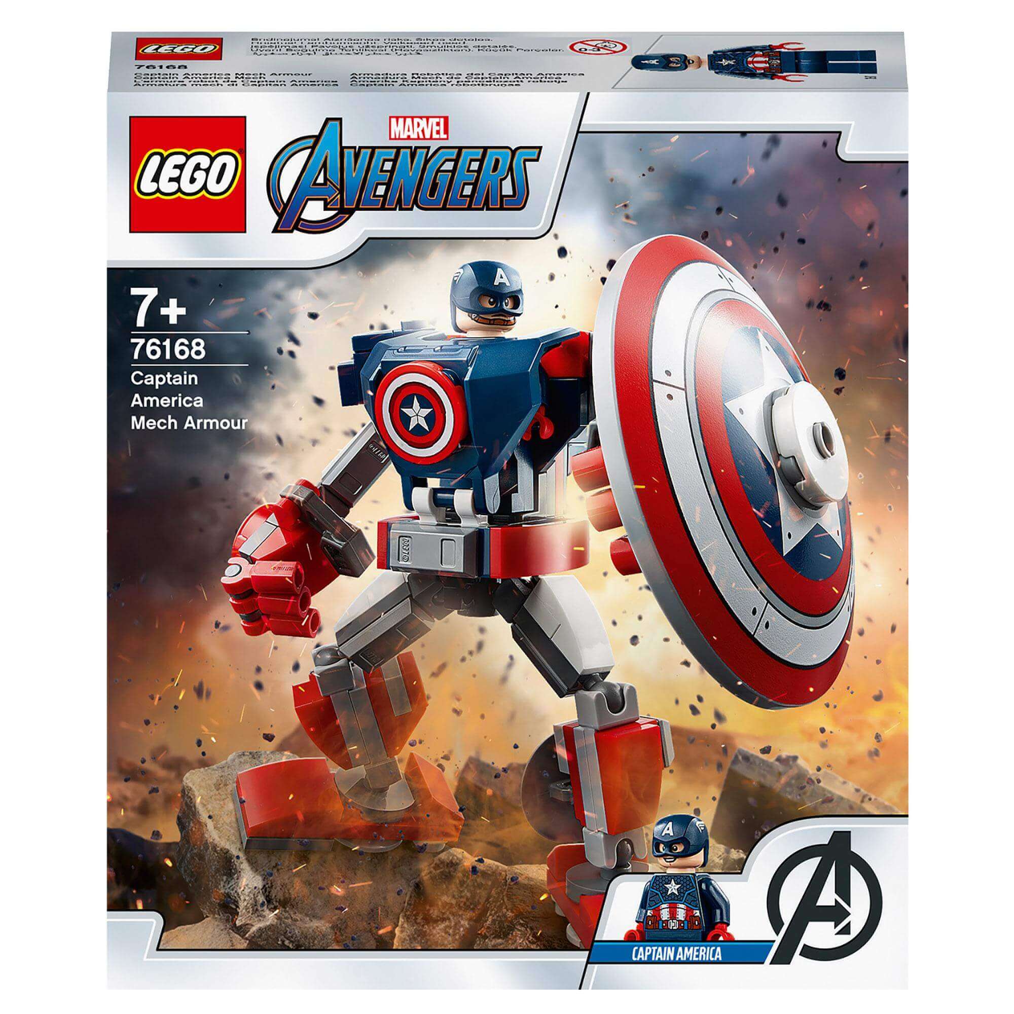 LEGO Marvel Avengers Captain America Mech Toy 76168 with movable limbs and detachable shield for kids.