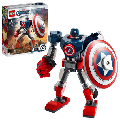LEGO Marvel Avengers Captain America mech toy 76168 with movable limbs and detachable shield, great for kids.
