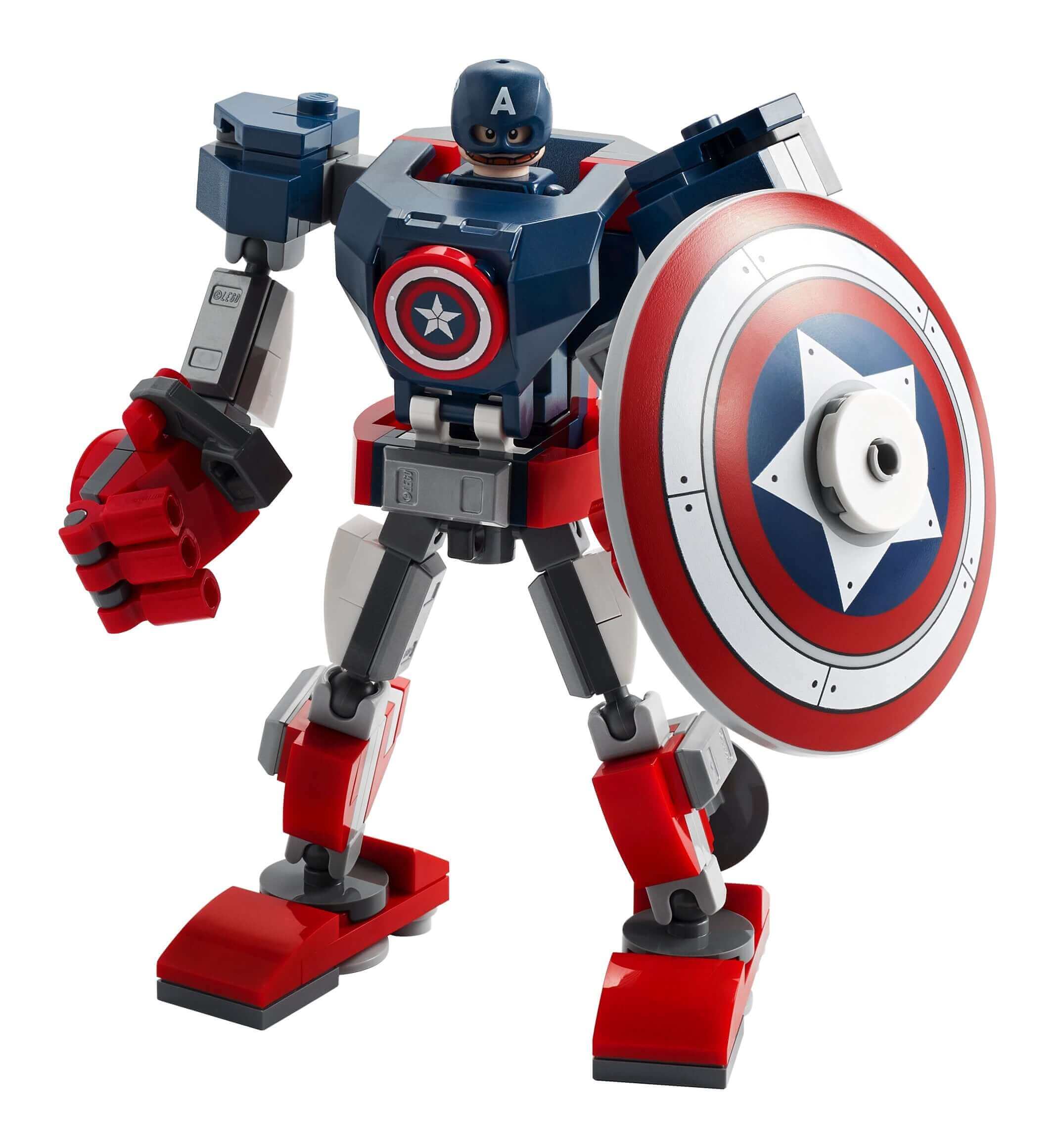 LEGO Marvel Captain America mech toy 76168 with movable limbs and detachable shield, featuring minifigure.