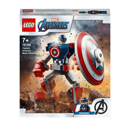 LEGO Marvel Avengers Captain America Mech Toy 76168 box with giant mech and minifigure in action.