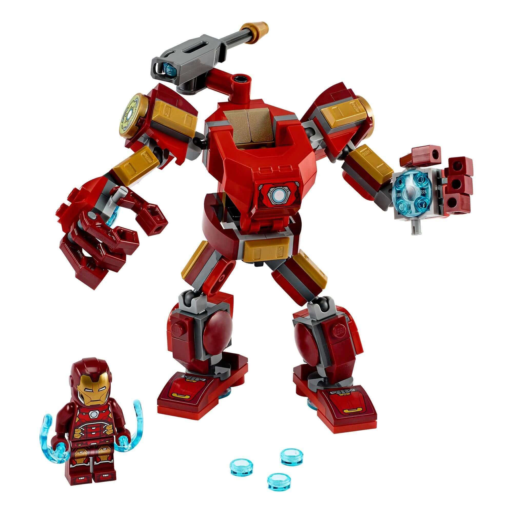 LEGO Marvel Avengers Iron Man Mech Playset 76140 with movable limbs, stud shooter, and Iron Man minifigure included.