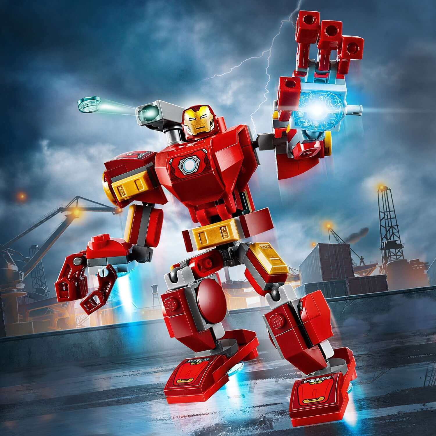 LEGO® Marvel Avengers Iron Man Mech playset 76140 with movable limbs and stud shooter in action.