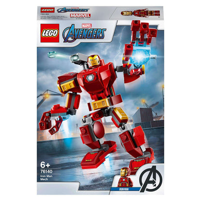 LEGO® Marvel Avengers Iron Man Mech Playset 76140 with stud shooter and movable limbs for kids aged 6 and up.