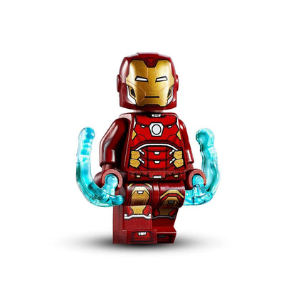 LEGO® Iron Man minifigure with energy effects, part of the Marvel Avengers playset, perfect for imaginative superhero play.