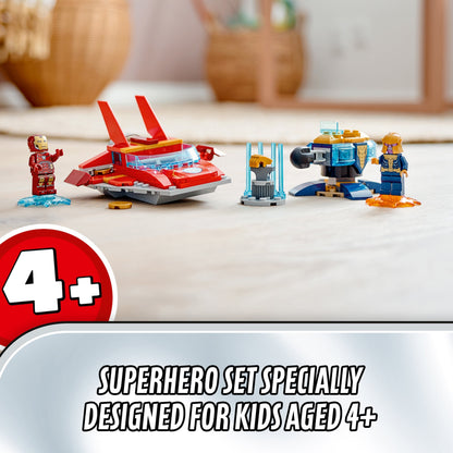 LEGO Marvel Avengers Iron Man vs. Thanos toy set for kids aged 4+, featuring iconic characters and vehicles.