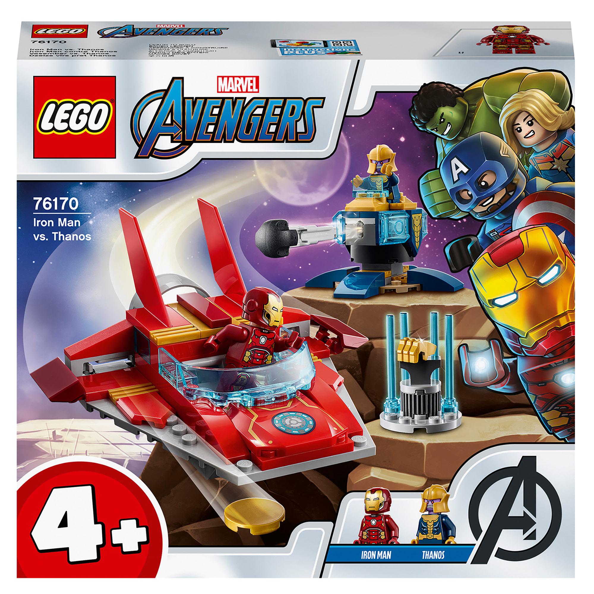 LEGO Marvel Avengers Iron Man vs. Thanos set 76170 featuring Iron Man, Thanos, and epic battle scenes for imaginative play.
