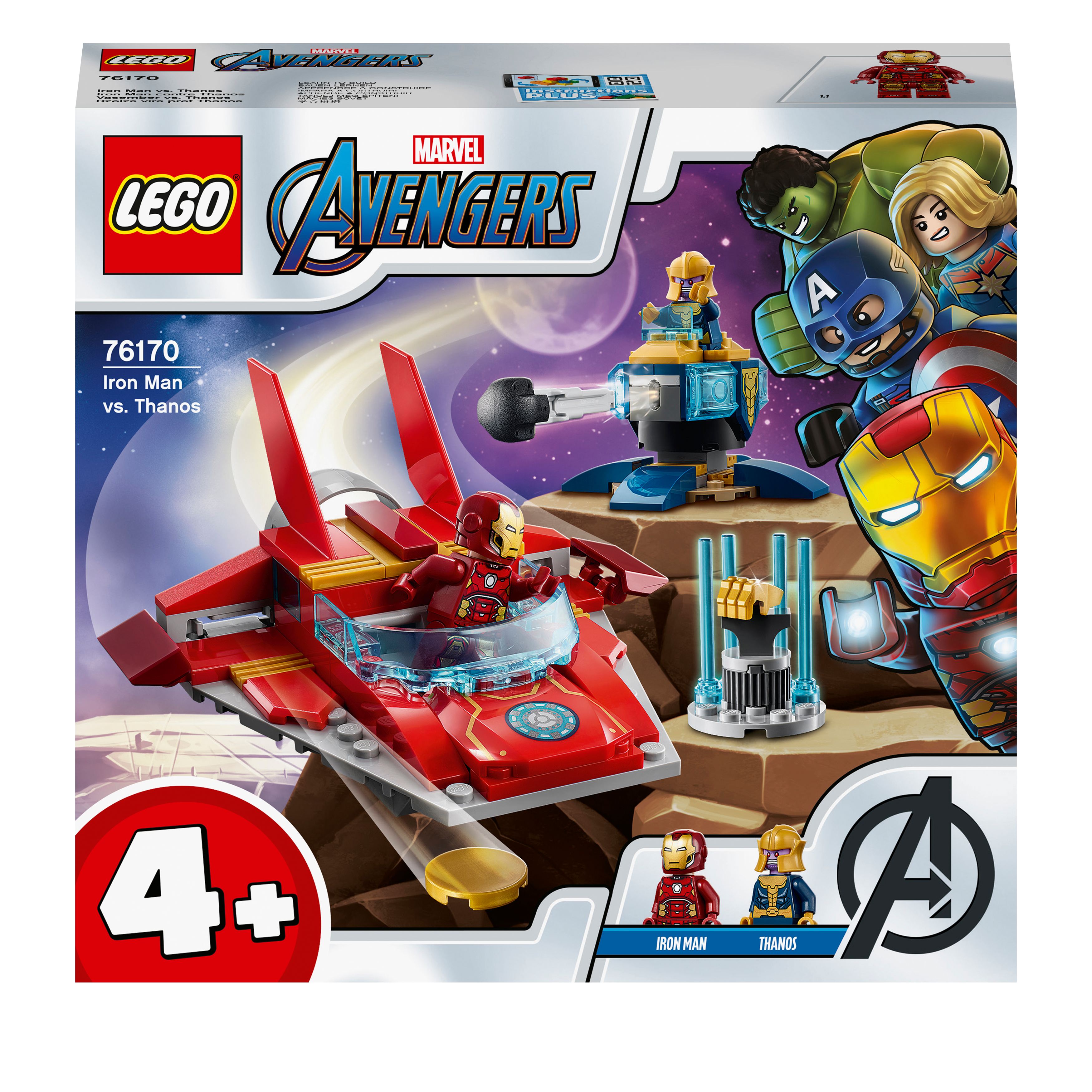 LEGO Marvel Avengers Iron Man vs. Thanos set 76170 featuring Iron Man, Thanos, and epic battle scene for young superheroes.