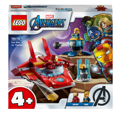 LEGO Marvel Avengers Iron Man vs. Thanos set 76170 featuring Iron Man, Thanos, and epic battle scene for young superheroes.