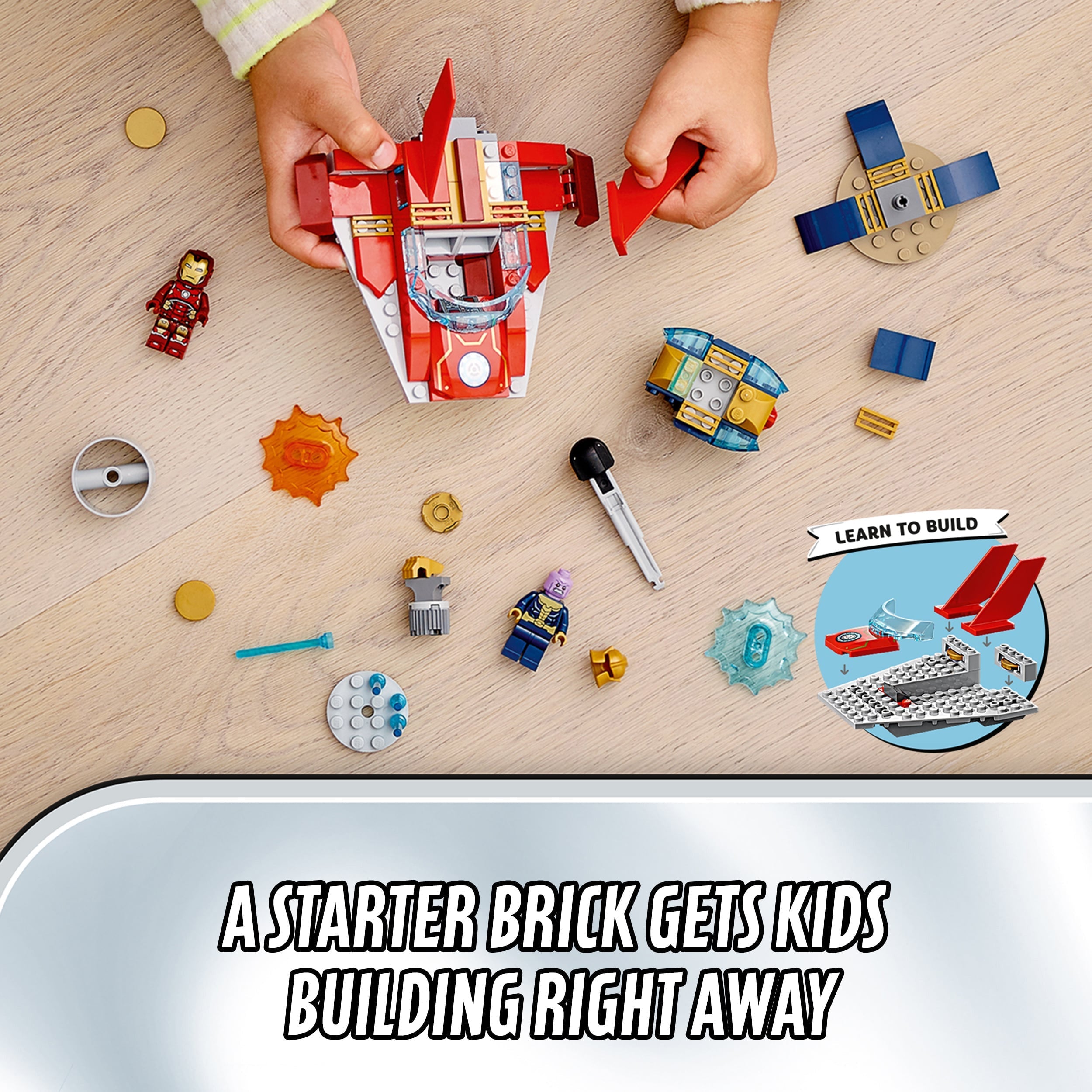 Kids building with LEGO® Marvel Iron Man set, featuring Thanos, accessories, and starter bricks on the floor.