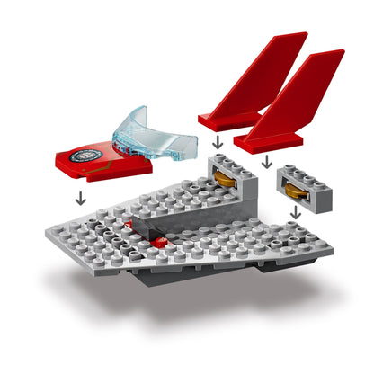 LEGO® Marvel Avengers Iron Man vs. Thanos toy parts, showcasing grey building blocks and red wings for young superheroes.
