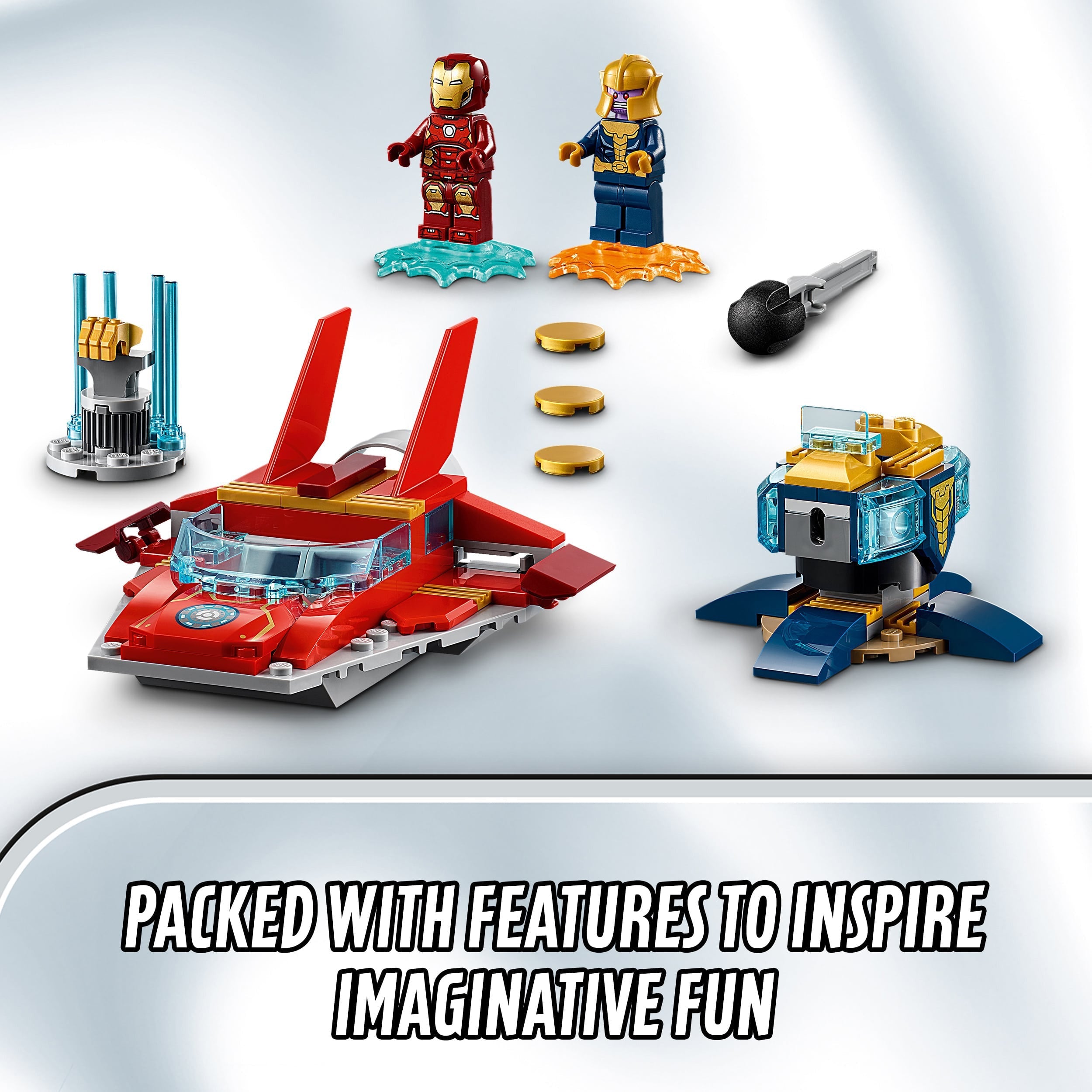 LEGO Marvel Avengers Iron Man vs. Thanos set with figures and accessories for imaginative superhero adventures.