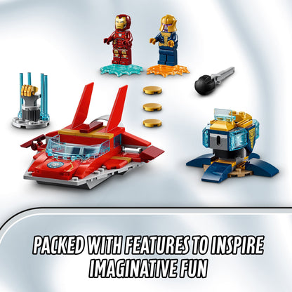 LEGO Marvel Avengers Iron Man vs. Thanos set with figures and accessories for imaginative superhero adventures.