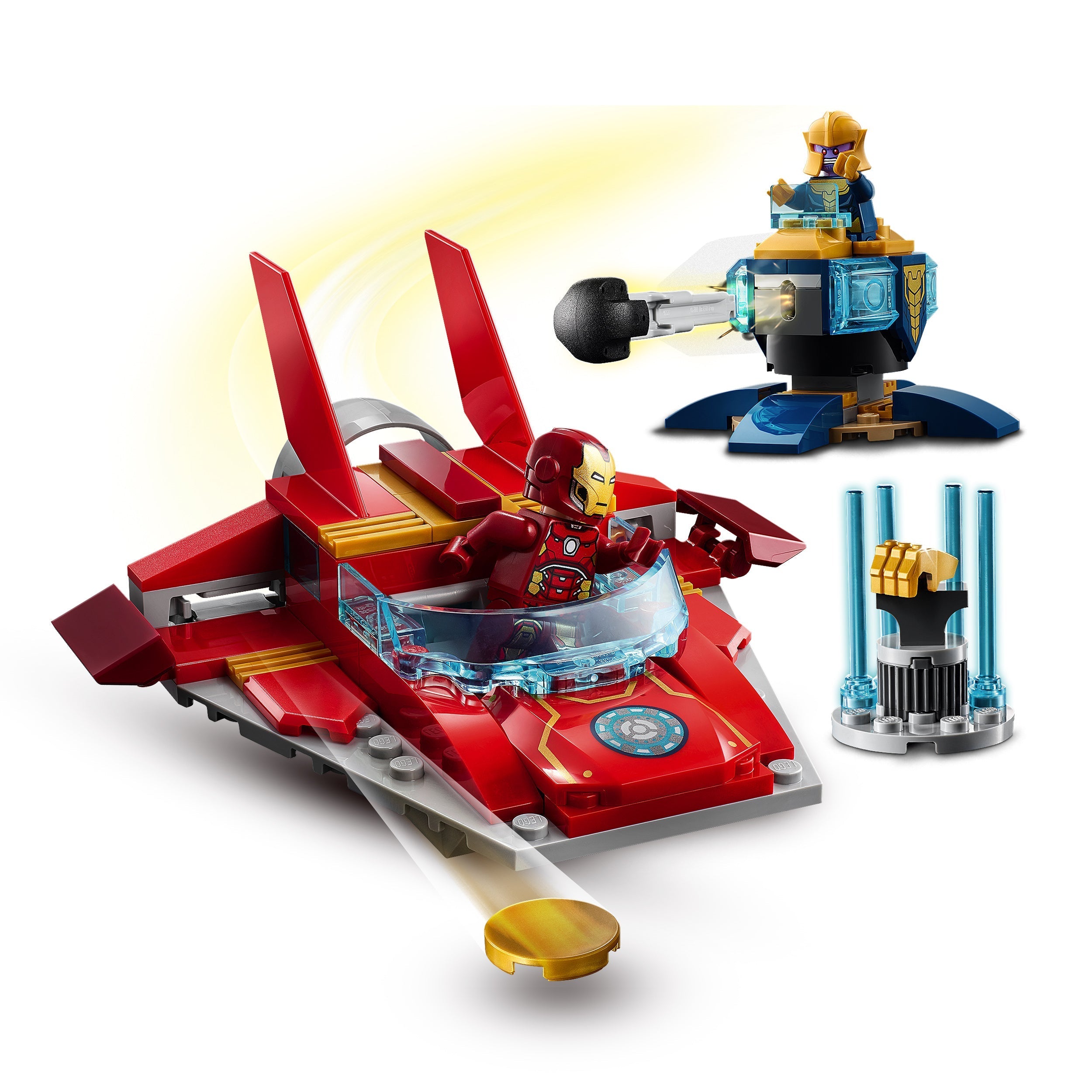 LEGO® Marvel Avengers Iron Man vs. Thanos toy set with Iron Man in jet and Thanos in a battle scene.