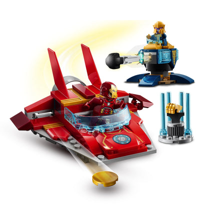 LEGO® Marvel Avengers Iron Man vs. Thanos toy set with Iron Man in jet and Thanos in a battle scene.