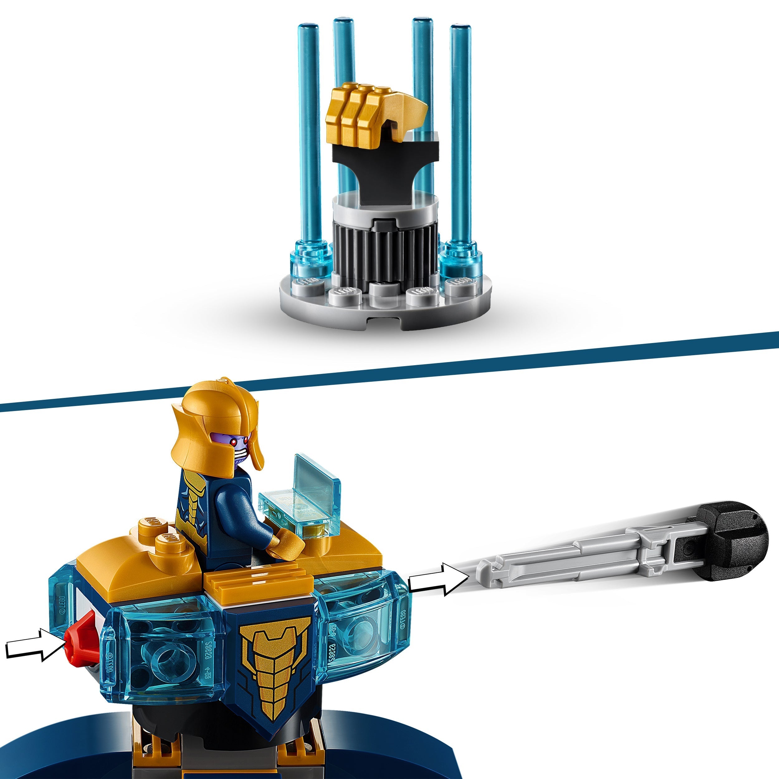 LEGO Marvel Avengers Thanos toy with launching feature and energy crystals for imaginative superhero play.