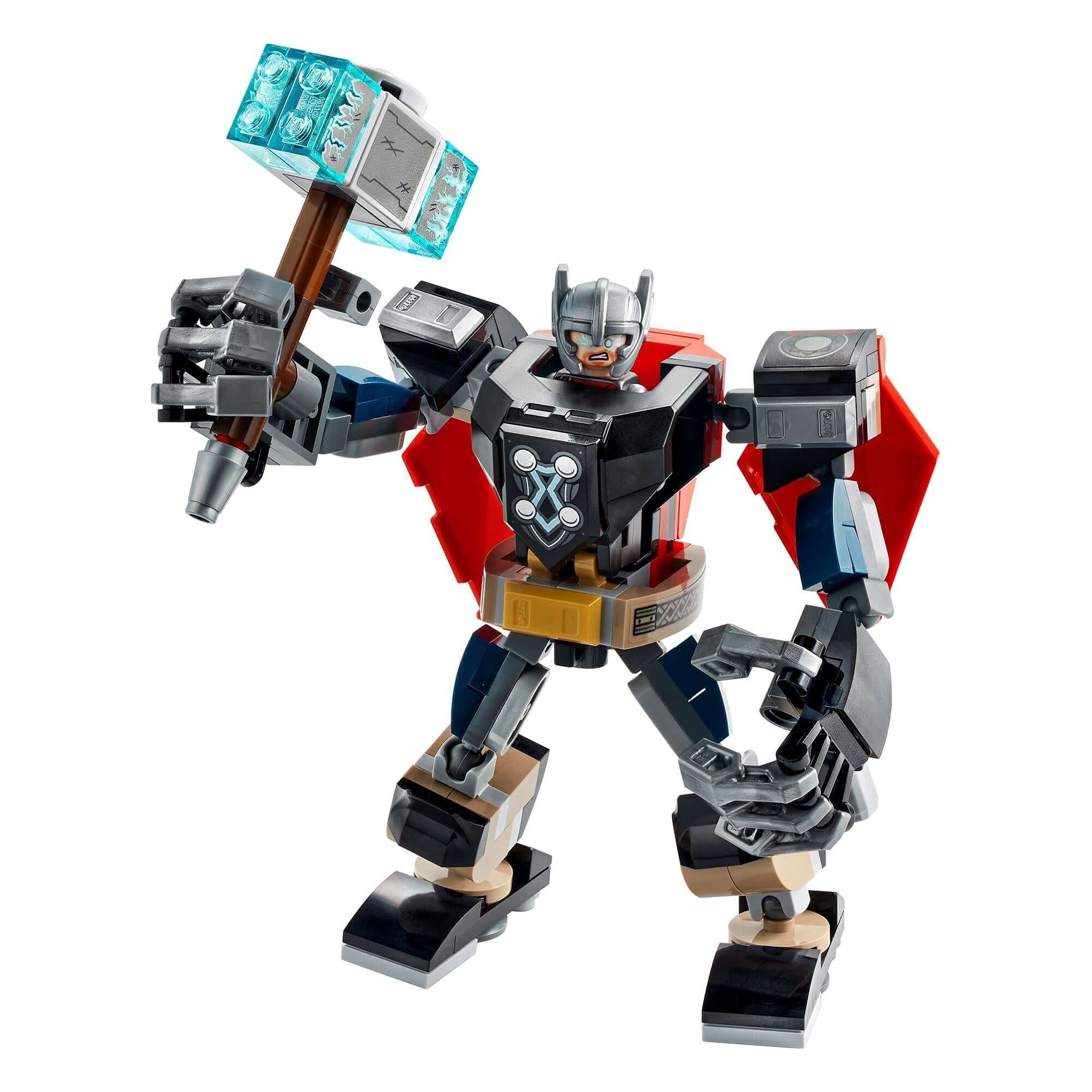 LEGO Marvel Avengers Thor Mech Armour Toy 76169 with movable limbs and detachable hammer, featuring Thor minifigure.