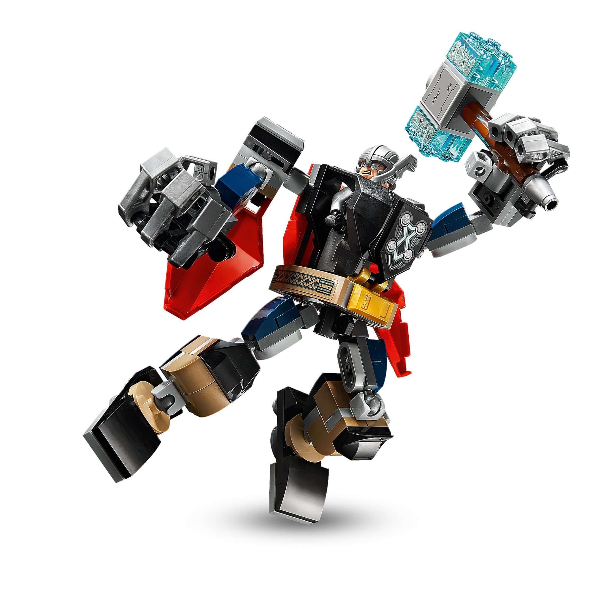 LEGO Marvel Avengers Thor mech toy 76169 with movable limbs and detachable hammer, featuring a Thor minifigure.