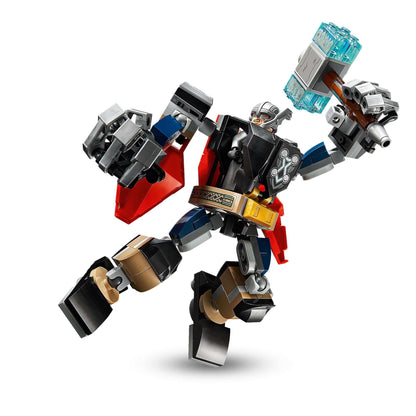 LEGO Marvel Avengers Thor mech toy 76169 with movable limbs and detachable hammer, featuring a Thor minifigure.