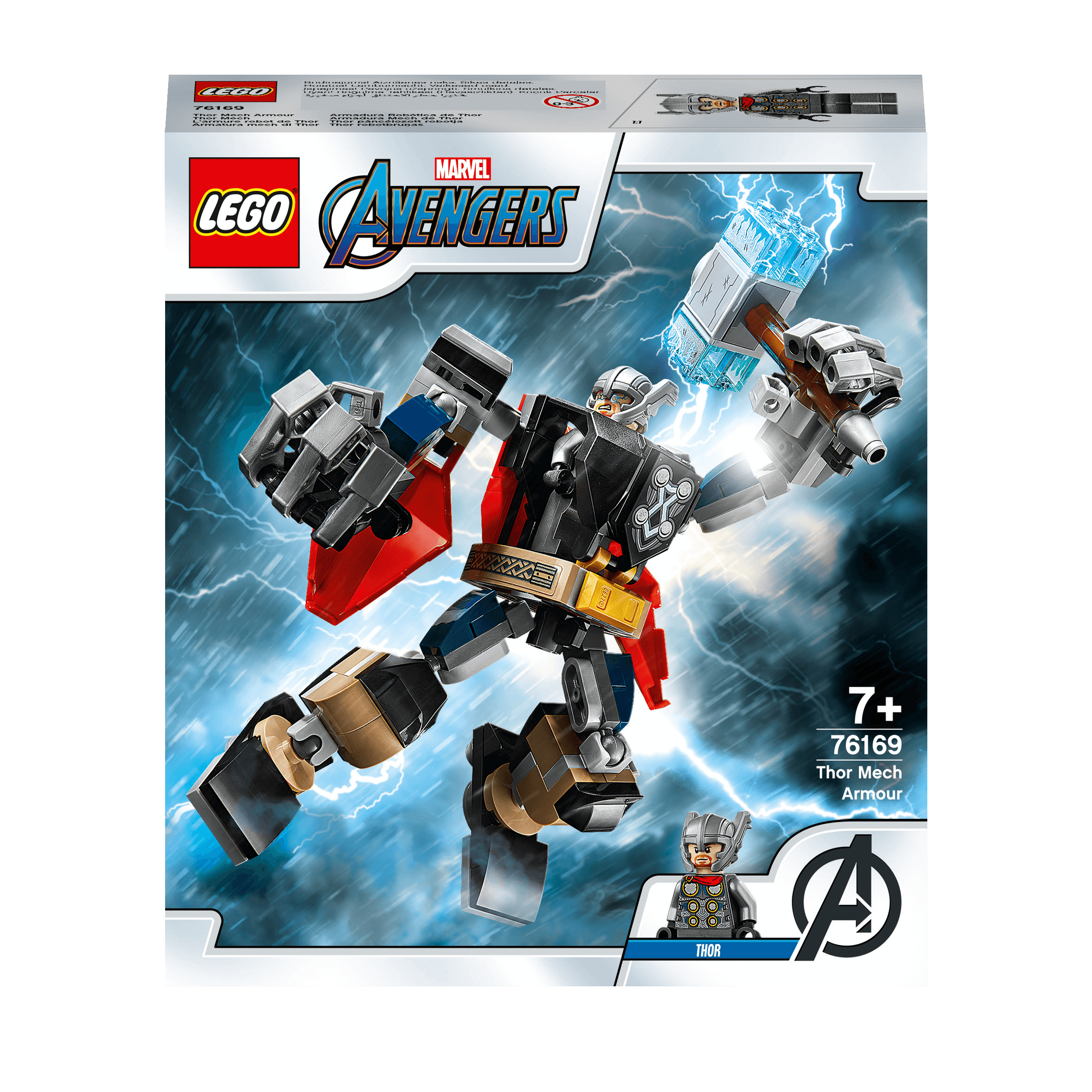 LEGO Marvel Avengers Thor Mech Armour Toy 76169 with movable limbs and Thor minifigure in action-packed design.