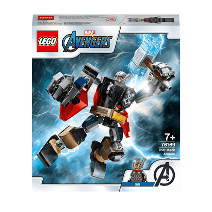 LEGO Marvel Avengers Thor Mech Armour Toy 76169 with movable limbs and Thor minifigure in action-packed design.