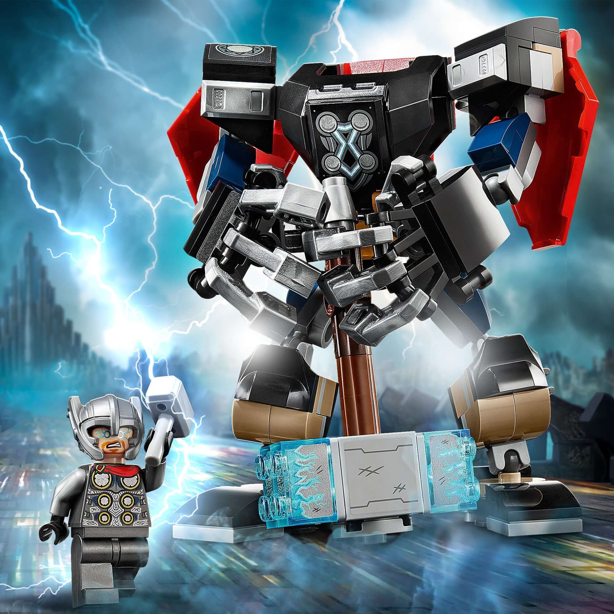 LEGO® Marvel Avengers Thor Mech Armour 76169 with Thor minifigure and detachable hammer in action.