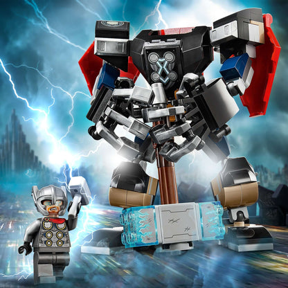 LEGO® Marvel Avengers Thor Mech Armour 76169 with Thor minifigure and detachable hammer in action.