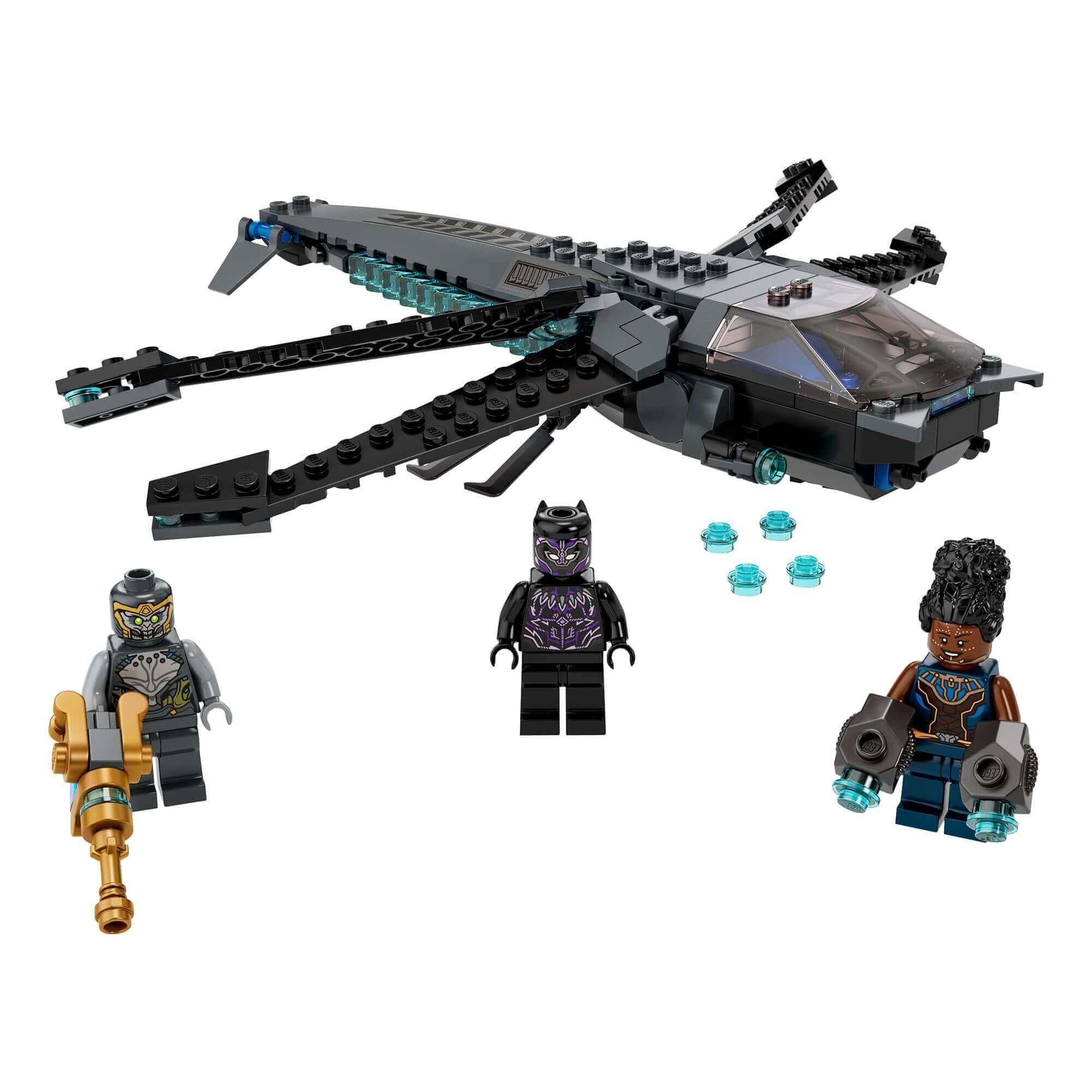 LEGO Marvel Black Panther Dragon Flyer Set 76186 with minifigures, featuring sleek design and iconic aircraft from Avengers Endgame.