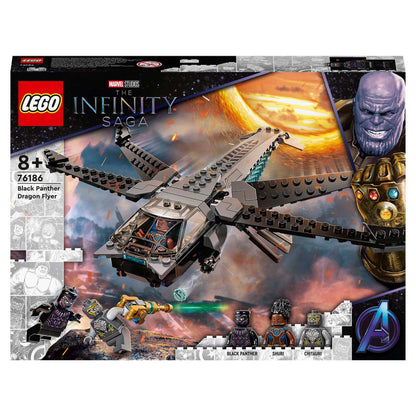 LEGO Marvel Black Panther Dragon Flyer Set 76186 featuring iconic aircraft from Avengers: Endgame and characters.