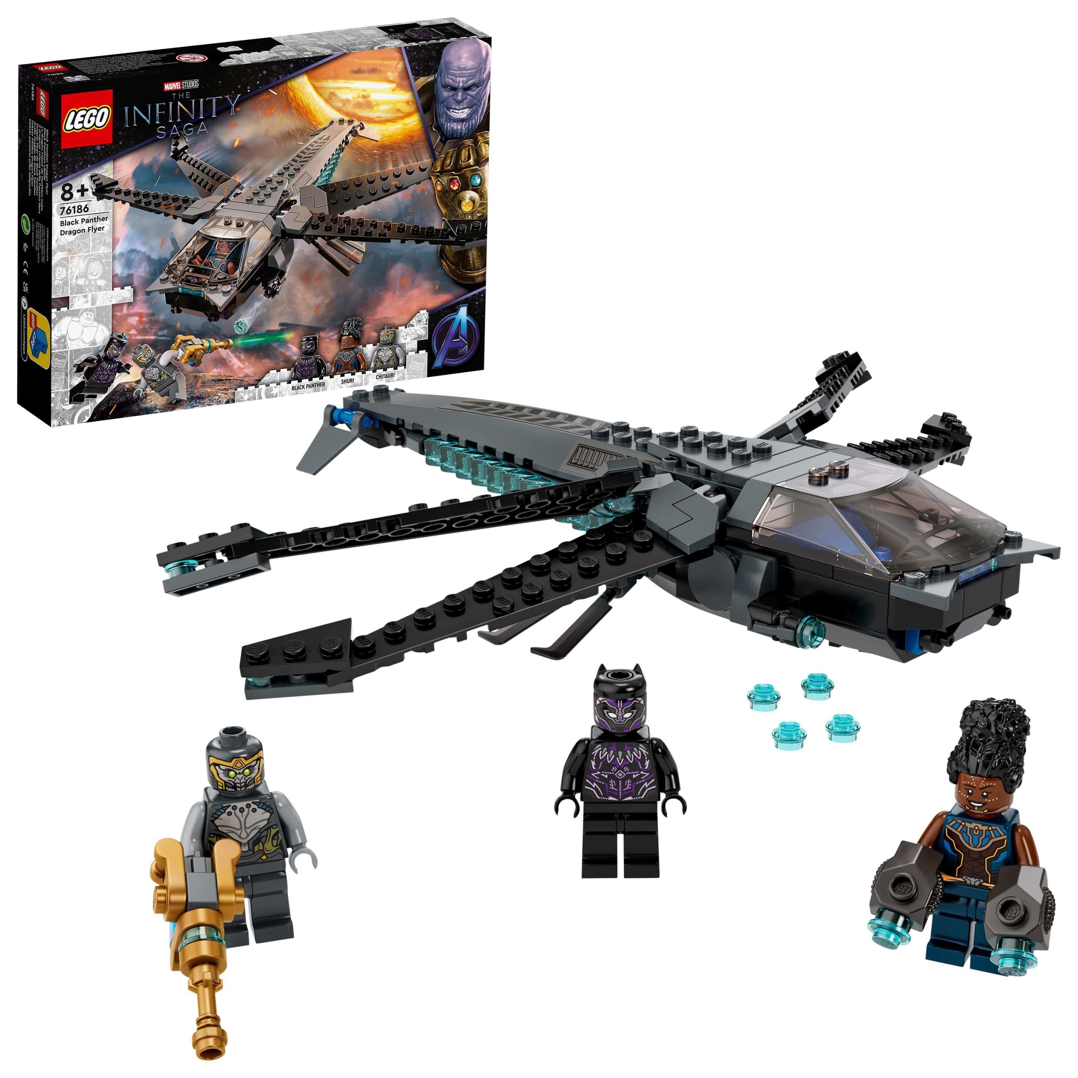 LEGO Marvel Black Panther Dragon Flyer Set 76186 with aircraft and mini-figures from Avengers: Endgame, perfect for young superheroes.