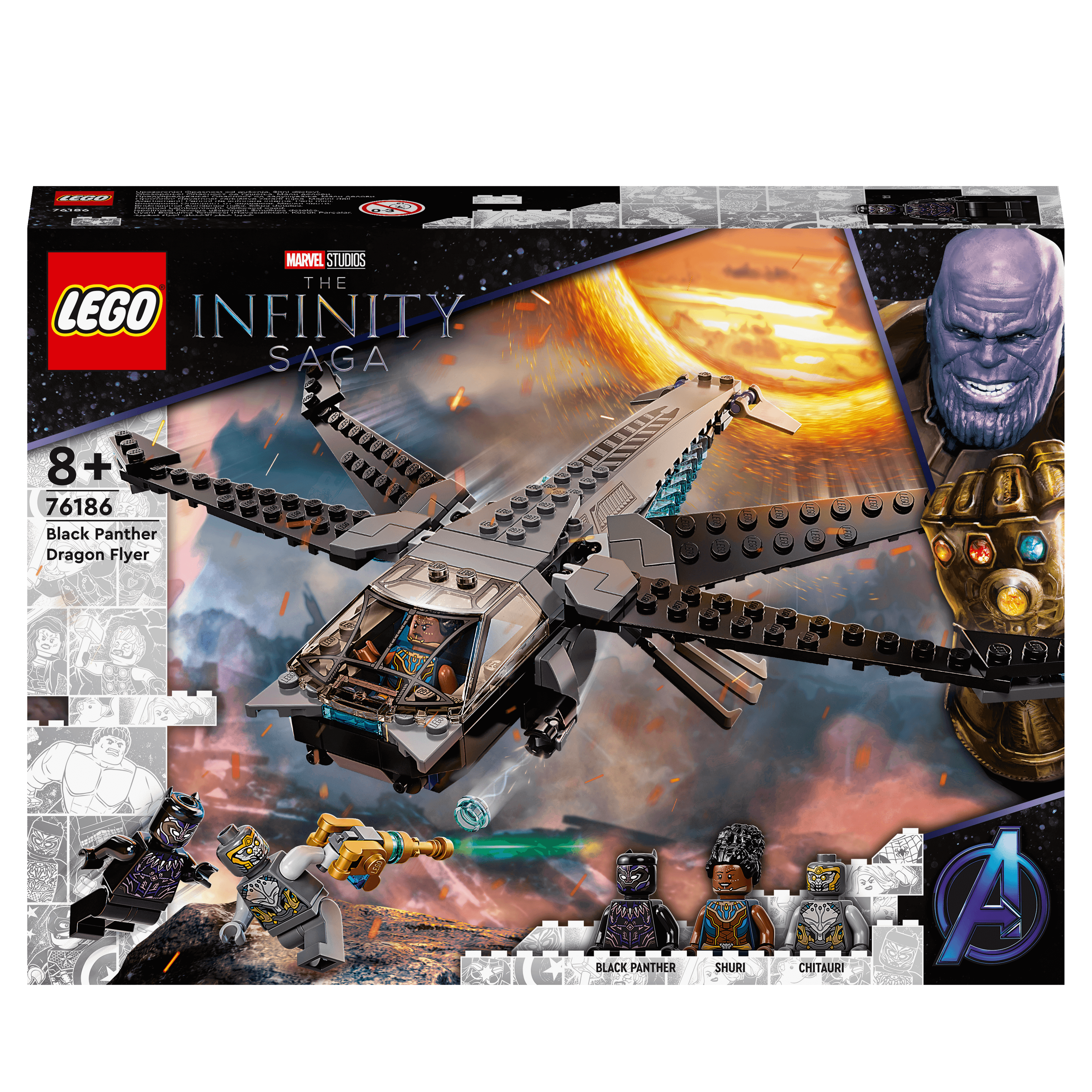 LEGO Marvel Black Panther Dragon Flyer Set 76186, featuring iconic aircraft from Avengers: Endgame with mini figures.