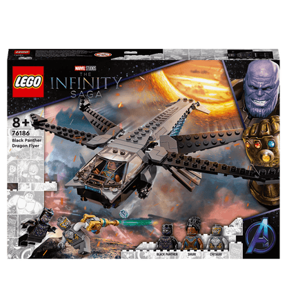 LEGO Marvel Black Panther Dragon Flyer Set 76186, featuring iconic aircraft from Avengers: Endgame with mini figures.