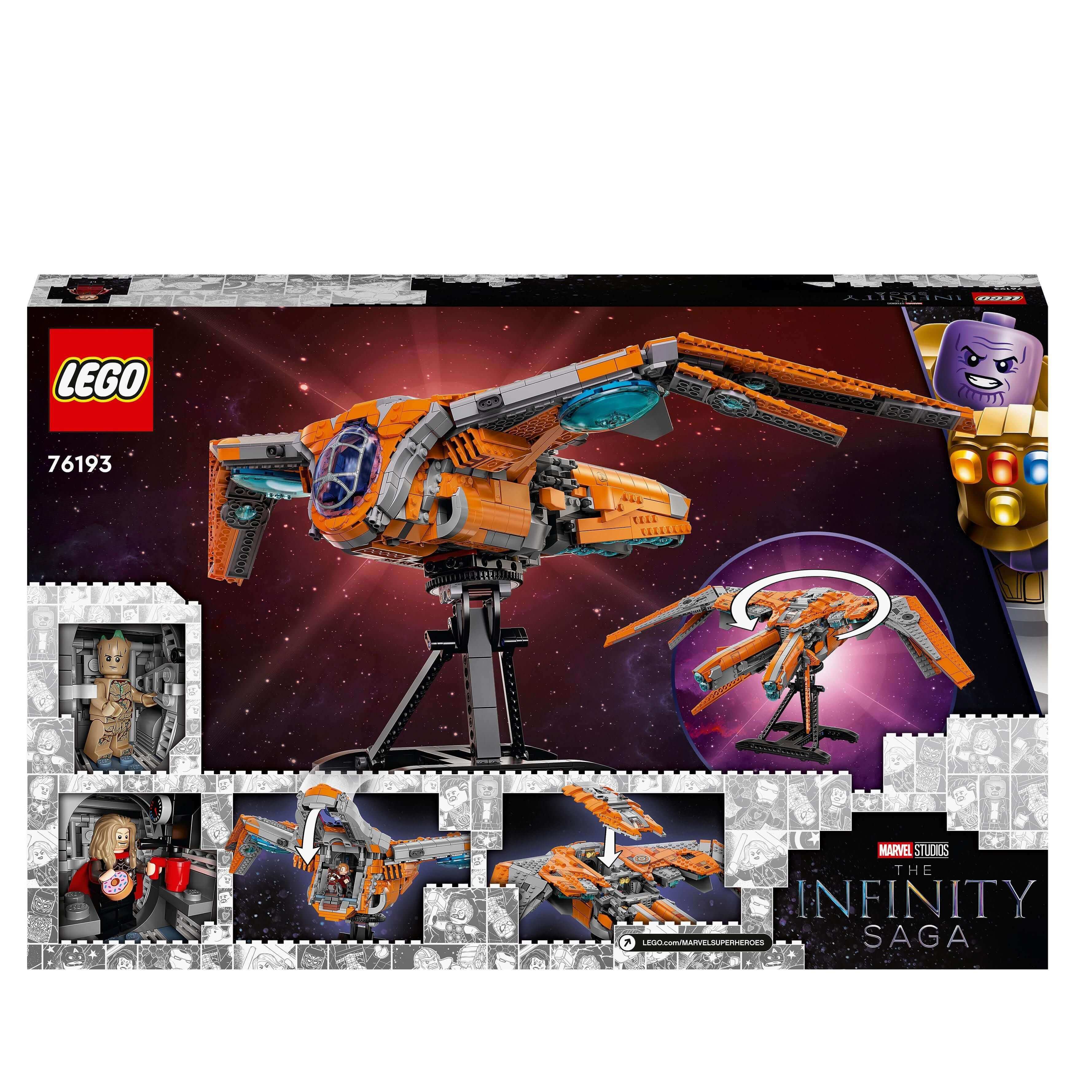 LEGO Marvel Guardians' Ship Set 76193, featuring iconic spaceship and mini-figures for Infinity Saga collection.