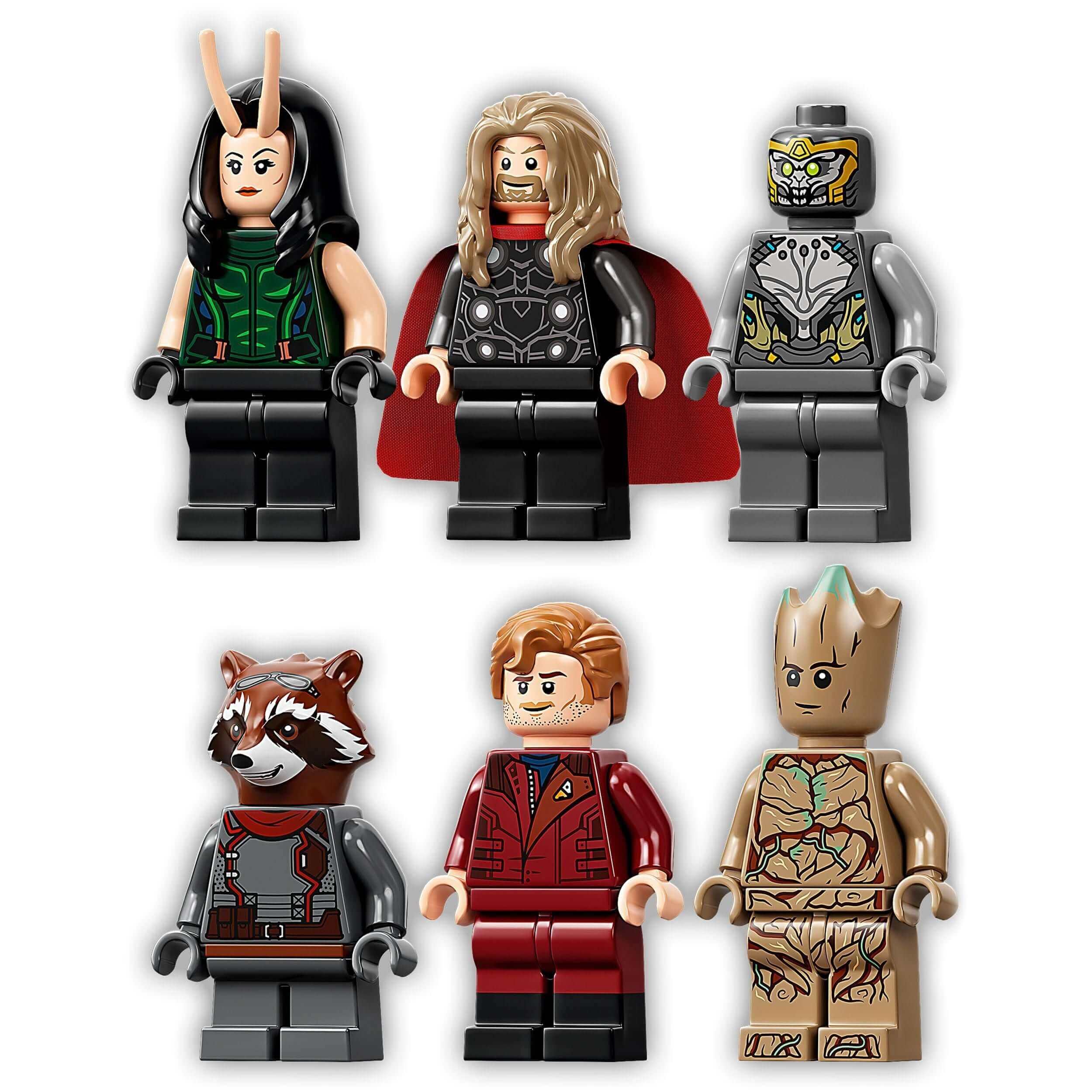 LEGO Marvel Guardians' Ship Avengers Set 76193 featuring iconic characters: Loki, Thor, Rocket, Star-Lord, Groot and others.