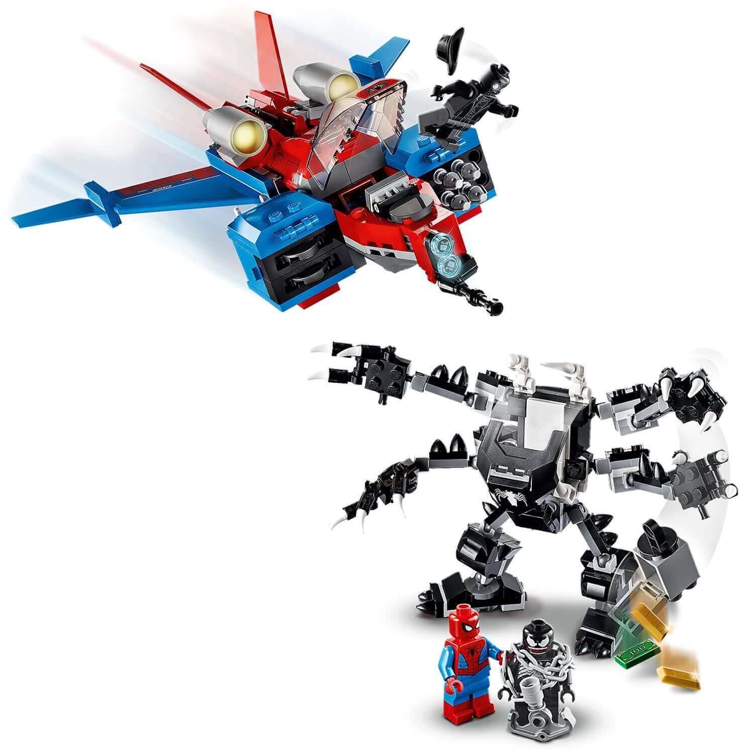 LEGO Marvel Spider-Man Jet and Venom Mech Set featuring Spider-Man and Venom in an epic battle scene.