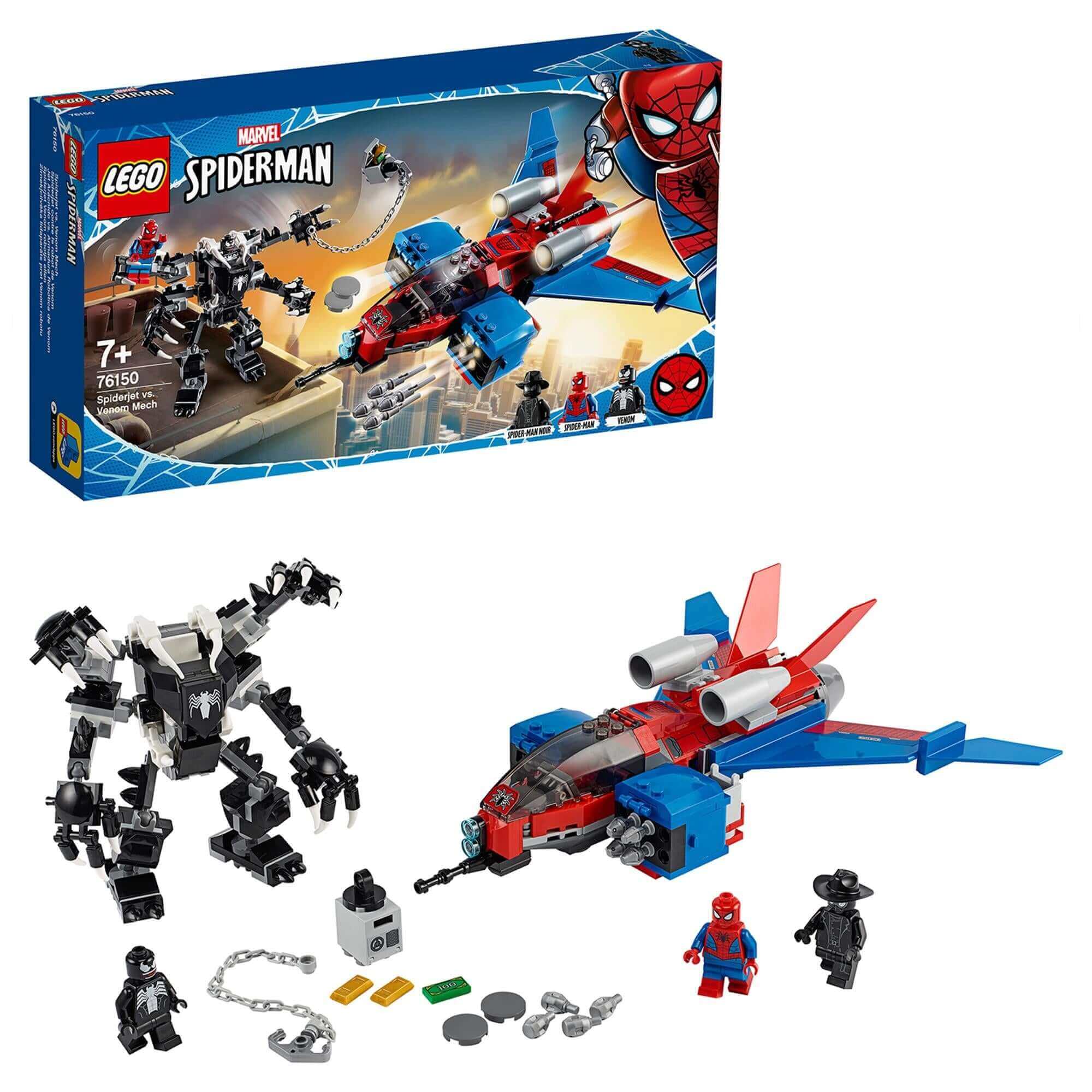 LEGO Marvel Spider-Man Jet vs. Venom Mech Set 76150 featuring Spider-Man and Venom figures, jet, and mech.