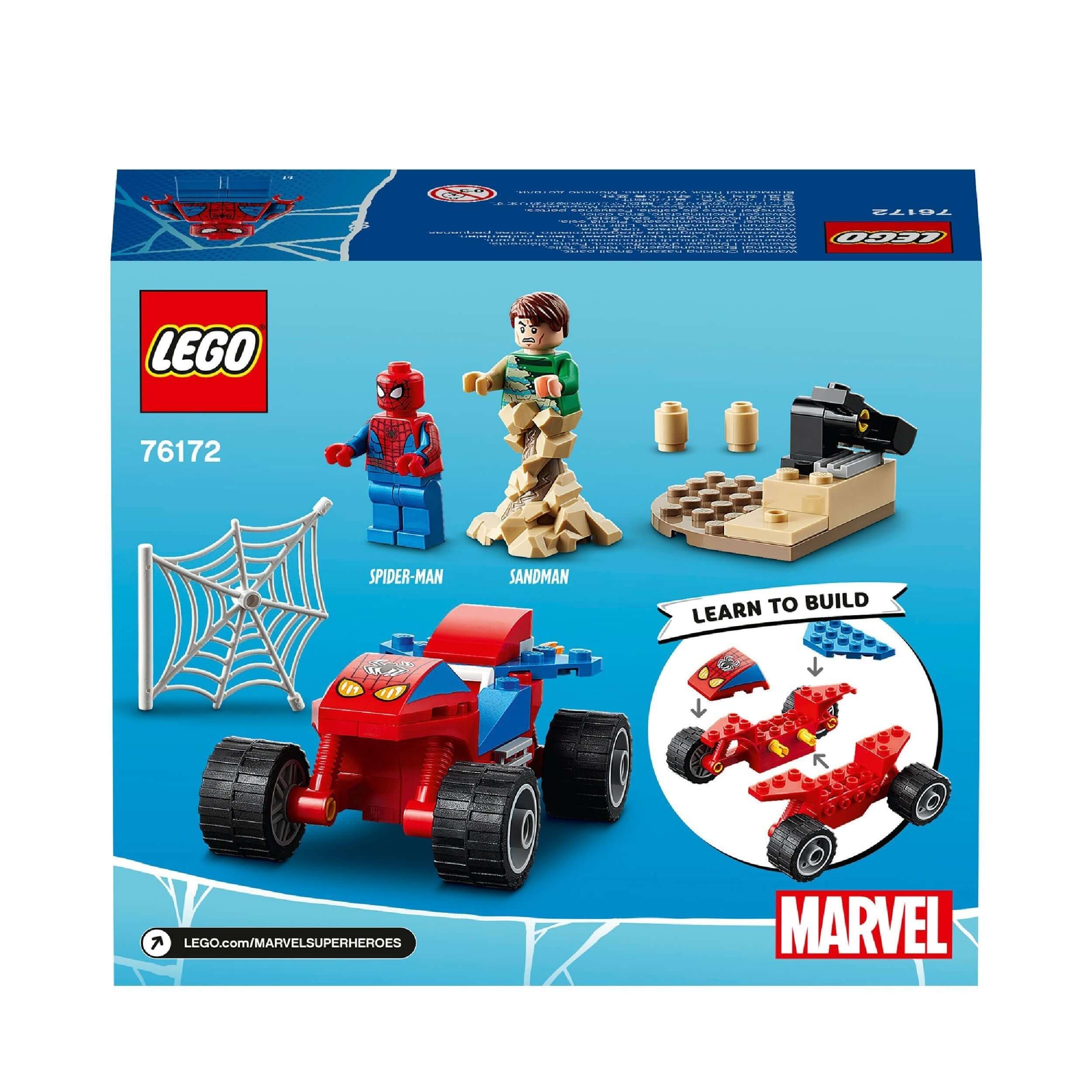LEGO Marvel Spider-Man & Sandman Showdown set 76172, featuring Spider-Man, Sandman, and a spider web. Ideal for ages 4 and up.