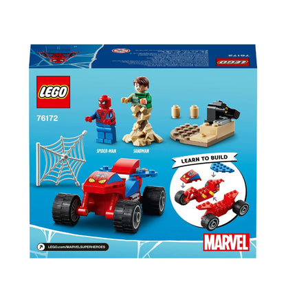 LEGO Marvel Spider-Man & Sandman Showdown set 76172, featuring Spider-Man, Sandman, and a spider web. Ideal for ages 4 and up.