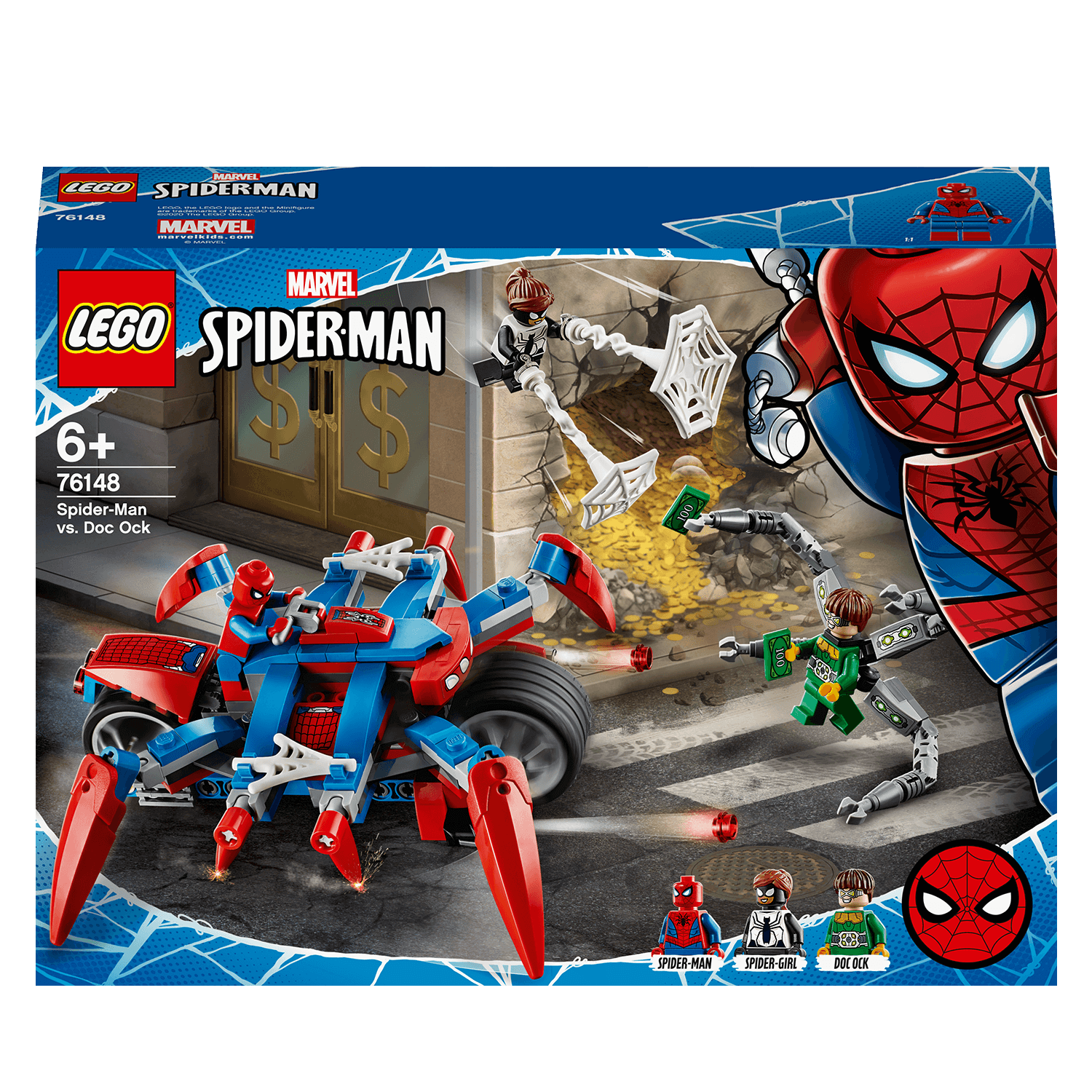 LEGO Marvel Spider-Man vs. Doc Ock playset 76148 featuring Spider-Man, Spider-Girl, and a giant walking spider.