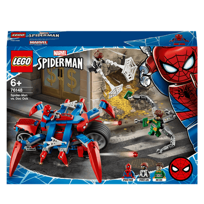LEGO Marvel Spider-Man vs. Doc Ock playset 76148 featuring Spider-Man, Spider-Girl, and a giant walking spider.