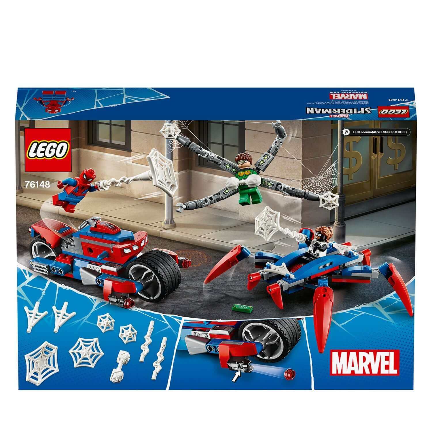 LEGO Marvel Spider-Man vs. Doc Ock playset 76148 with Spider-Man, Spider-Girl, and a high-speed bike in action.