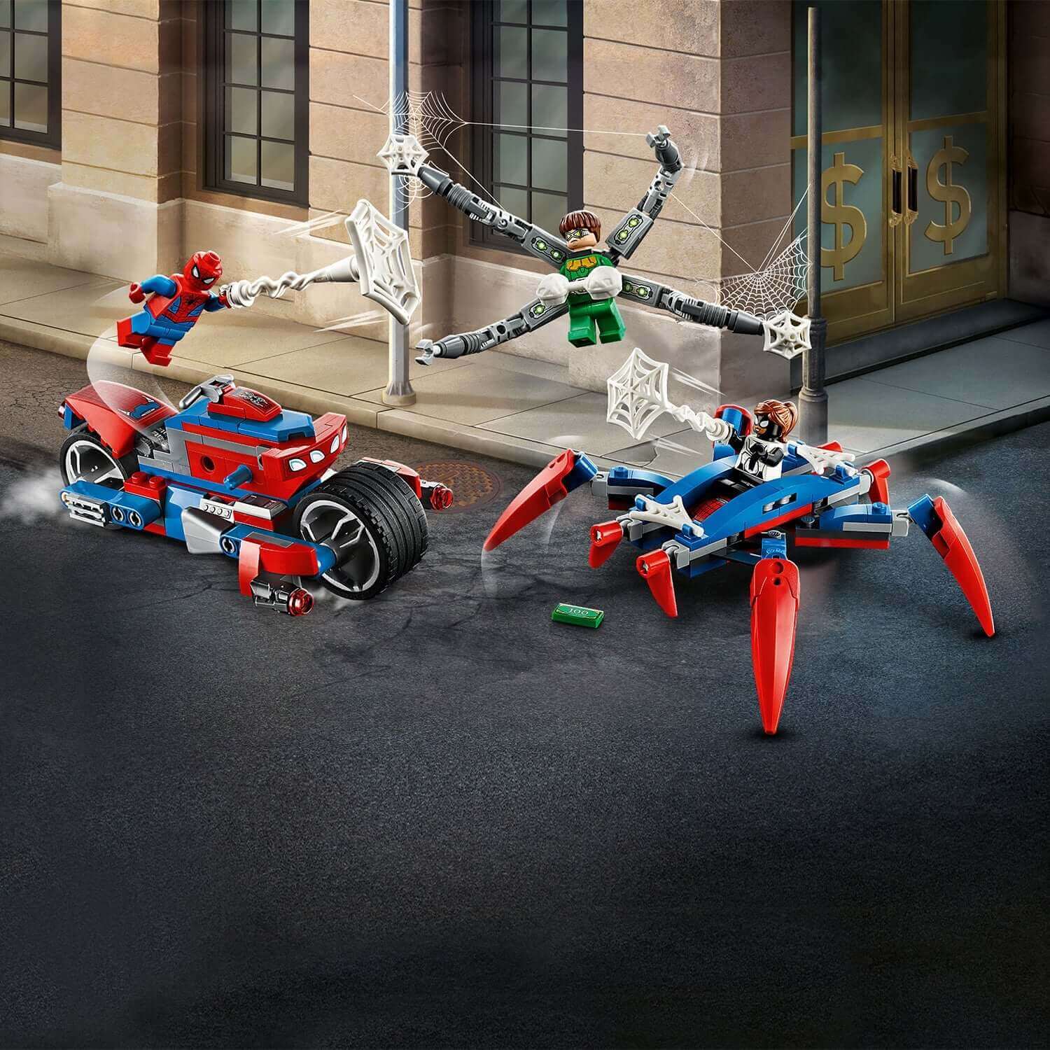 LEGO® Marvel Spider-Man vs. Doc Ock Playset 76148 featuring Spider-Man and Spider-Girl in action.