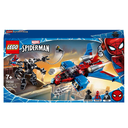 LEGO Marvel Spider-Man Jet vs. Venom Mech set 76150 featuring Spider-Man Noir and Venom's mech in action.